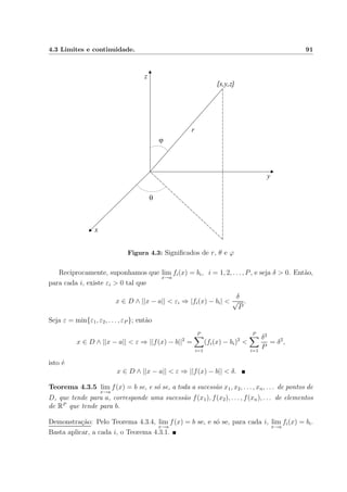 4.3 Limites e continuidade. 91
Figura 4.3: Signiﬁcados de r, θ e ϕ
Reciprocamente, suponhamos que lim
x→a
fi(x) = bi, i = 1, 2, . . . , P, e seja δ > 0. Ent˜ao,
para cada i, existe εi > 0 tal que
x ∈ D ∧ ||x − a|| < εi ⇒ |fi(x) − bi| <
δ
√
P
.
Seja ε = min{ε1, ε2, . . . , εP }; ent˜ao
x ∈ D ∧ ||x − a|| < ε ⇒ ||f(x) − b||2
=
P
i=1
(fi(x) − bi)2
<
P
i=1
δ2
P
= δ2
,
isto ´e
x ∈ D ∧ ||x − a|| < ε ⇒ ||f(x) − b|| < δ.
Teorema 4.3.5 lim
x→a
f(x) = b se, e s´o se, a toda a sucess˜ao x1, x2, . . . , xn, . . . de pontos de
D, que tende para a, corresponde uma sucess˜ao f(x1), f(x2), . . . , f(xn), . . . de elementos
de RP
que tende para b.
Demonstra¸c˜ao: Pelo Teorema 4.3.4, lim
x→a
f(x) = b se, e s´o se, para cada i, lim
x→a
fi(x) = bi.
Basta aplicar, a cada i, o Teorema 4.3.1.
 