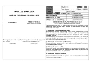 MASISA DO BRASIL LTDA
ANÁLISE PRELIMINAR DE RISCO - APR
FUNÇÃO SOLDADOR APR 003
UNIDADE Ponta Grossa FOLHA : 03 DE 09
ÁREA MANUTENÇÃO
REVISÃO 00 DATA 05.06.03 POR : JOCEMAR ESPINEL
PREPARADA POR JOCEMAR ESPINEL
APROVAÇÃO DA ÁREA SILVESTRE JOAQUIM
APROVAÇÃO DA SEGURANÇA JOCEMAR ESPINEL
ATIVIDADES RISCO POTENCIAL
(O QUE PODERÁ SAIR ERRADO)
MEDIDAS PREVENTIVAS / RECOMENDAÇÃO
(EVITA O ACIDENTE OU MINIMIZA DANOS CASO OCORRA)
Preparação da área onde o trabalho
será realizado.
( continuação)
Sofrer quedas, bater parte do corpo contra
materiais ou contra equipamentos.
(continuação)
Para execução de serviços em locais elevados deverão ser tomadas as medidas
preventivas abaixo de modo que a atividade por mais simples que seja, seja
realizada de forma segura
1- Utilização de Plataformas Elevadas (fixas).
As plataformas elevadas (fixas) deverão possuir o piso anti-derrapante, guarda-
corpo em todos os lados com travessão superior a 1,20 m do piso e travessão
intermediário a 70 cm do piso e rodapé com altura de 20 cm do piso. O piso não
poderá ter aberturas.
Caso a plataforma fixa não atenda os itens acima será obrigatório o uso do cinto de
segurança tipo pára-quedista com a corda de segurança fixada em parte rígida a
uma altura mínima de 2 metros do piso.
2- Utilização de Escadas Fixas tipo Marinheiro.
Deve ser provida de gaiola protetora a partir de 2 metros da base até 1 metro acima
da última superfície de trabalho.
3- Utilização de Escadas de Mão.
As escadas de mão deverão possuir sapatas anti-derrapantes e corda fixada no 3o
degrau de cima para baixo para ser amarrado na parte superior da estrutura ou do
equipamento evitando assim o seu tombamento.
4- Utilização de Andaimes Tubulares.
Os andaimes tubulares deverão ser apoiados sobre sapatas e sobre a base sólida
nivelada, durante a montagem.
 