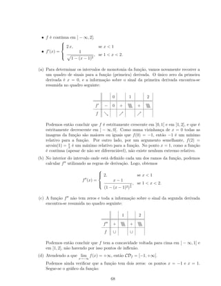 • f é contínua em ] − ∞, 2];
• f (x) =



2 x, se x < 1
1
1 − (x − 1)2
, se 1 < x < 2.
(a) Para determinar os intervalos de monotonia da função, vamos novamente recorrer a
um quadro de sinais para a função (primeira) derivada. O único zero da primeira
derivada é x = 0, e a informação sobre o sinal da primeira derivada encontra-se
resumida no quadro seguinte:
0 1 2
f − 0 +  + 
f
Podemos então concluir que f é estritamente crescente em ]0, 1[ e em ]1, 2], e que é
estritamente decrescente em ] − ∞, 0[. Como numa vizinhança de x = 0 todas as
imagens da função são maiores ou iguais que f(0) = −1, então −1 é um mínimo
relativo para a função. Por outro lado, por um argumento semelhante, f(2) =
arcsin(1) = π
2
é um máximo relativo para a função. No ponto x = 1, como a função
é contínua (apesar de não ser diferenciável), não existe nenhum extremo relativo.
(b) No interior do intervalo onde está deﬁnido cada um dos ramos da função, podemos
calcular f utilizando as regras de derivação. Logo, obtemos
f (x) =



2, se x < 1
x − 1
(1 − (x − 1)2)
3
2
, se 1 < x < 2.
(c) A função f não tem zeros e toda a informação sobre o sinal da segunda derivada
encontra-se resumida no quadro seguinte:
1 2
f +  + 
f ∪ ∪
Podemos então concluir que f tem a concavidade voltada para cima em ] − ∞, 1[ e
em ]1, 2], não havendo por isso pontos de inﬂexão.
(d) Atendendo a que lim
x→−∞
f(x) = +∞, então CDf = [−1, +∞[.
Podemos ainda veriﬁcar que a função tem dois zeros: os pontos x = −1 e x = 1.
Segue-se o gráﬁco da função:
68
 