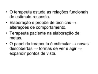 O terapeuta estuda as relações funcionais de estímulo-resposta.  Elaboração e propõe de técnicas  ->  alterações de comportamento.  Terapeuta paciente na elaboração de metas.  O papel do terapeuta é estimular ->  novas descobertas  ->  formas de ver e agir  ->  expandir pontos de vista.   