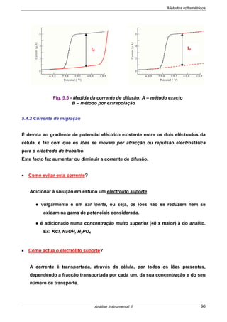 Métodos voltamétricos
Análise Instrumental II 96
5.4.2 Corrente de migração
É devida ao gradiente de potencial eléctrico existente entre os dois eléctrodos da
célula, e faz com que os iões se movam por atracção ou repulsão electrostática
para o eléctrodo de trabalho.
Este facto faz aumentar ou diminuir a corrente de difusão.
• Como evitar esta corrente?
Adicionar à solução em estudo um electrólito suporte
♦ vulgarmente é um sal inerte, ou seja, os iões não se reduzem nem se
oxidam na gama de potenciais considerada.
♦ é adicionado numa concentração muito superior (40 x maior) à do analito.
Ex: KCl, NaOH, H3PO4
• Como actua o electrólito suporte?
A corrente é transportada, através da célula, por todos os iões presentes,
dependendo a fracção transportada por cada um, da sua concentração e do seu
número de transporte.
Id
Id
Fig. 5.5 - Medida da corrente de difusão: A – método exacto
B – método por extrapolação
 