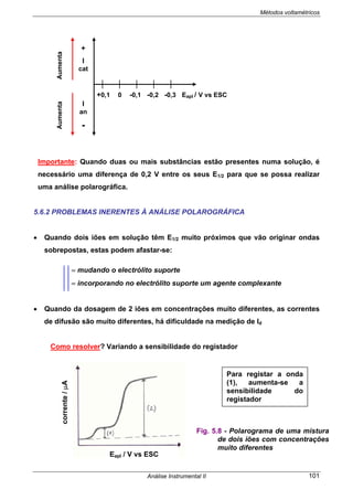 Métodos voltamétricos
Análise Instrumental II 101
+0,1 0 -0,1 -0,2 -0,3 Eapl / V vs ESC
Importante: Quando duas ou mais substâncias estão presentes numa solução, é
necessário uma diferença de 0,2 V entre os seus E1/2 para que se possa realizar
uma análise polarográfica.
5.6.2 PROBLEMAS INERENTES À ANÁLISE POLAROGRÁFICA
• Quando dois iões em solução têm E1/2 muito próximos que vão originar ondas
sobrepostas, estas podem afastar-se:
= mudando o electrólito suporte
= incorporando no electrólito suporte um agente complexante
• Quando da dosagem de 2 iões em concentrações muito diferentes, as correntes
de difusão são muito diferentes, há dificuldade na medição de Id
Como resolver? Variando a sensibilidade do registador
+
I
cat
I
an
-
AumentaAumenta
Para registar a onda
(1), aumenta-se a
sensibilidade do
registador
Eapl / V vs ESC
corrente/µA
Fig. 5.8 - Polarograma de uma mistura
de dois iões com concentrações
muito diferentes
 
