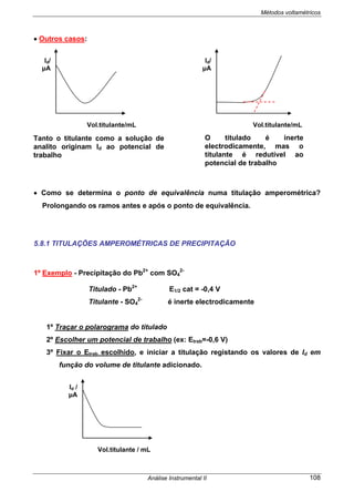Métodos voltamétricos
Análise Instrumental II 108
• Outros casos:
• Como se determina o ponto de equivalência numa titulação amperométrica?
Prolongando os ramos antes e após o ponto de equivalência.
5.8.1 TITULAÇÕES AMPEROMÉTRICAS DE PRECIPITAÇÃO
1º Exemplo - Precipitação do Pb2+
com SO4
2-
Titulado - Pb2+
E1/2 cat = -0,4 V
Titulante - SO4
2-
é inerte electrodicamente
1º Traçar o polarograma do titulado
2º Escolher um potencial de trabalho (ex: Etrab=-0,6 V)
3º Fixar o Etrab escolhido, e iniciar a titulação registando os valores de Id em
função do volume de titulante adicionado.
Id/
µA
Vol.titulante/mL
Tanto o titulante como a solução de
analito originam Id ao potencial de
trabalho
O titulado é inerte
electrodicamente, mas o
titulante é redutível ao
potencial de trabalho
Id /
µA
Vol.titulante / mL
Vol.titulante/mL
Id/
µA
 
