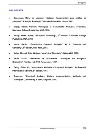Bibliografia
Análise Instrumental II 113
BIBLIOGRAFIA
• Gonçalves, Maria de Lourdes; “Métodos Instrumentais para análise de
soluções”, 4ª edição, Fundação Calouste Gulbenkian, Lisboa, 2001.
• Skoog; Holler; Nieman; “Principles of Instrumental Analysis”, 5th
edition,
Saunders College Publishing, USA, 1998.
• Skoog; West; Holler; “Analytical Chemistry”, 7th
edition, Saunders College
Publishing, USA, 2000.
• Harris, Daniel; “Quantitative Chemical Analysis”, W. H. Freeman and
Company”, 6th
edition, New York, 2003.
• Keller; Mermet, Otto; Widmer; “Analytical Chemistry”, Wiley-VCH, 1998.
• Settle, Frank; “Handbook of Instrumental Techniques for Analytical
Chemistry”, Prentice Hall PTR, New Jersey, 1997.
• Ewing, Galen W.; “Instrumental Methods of Chemical Analysis”, McGraw-Hill
International Editions, 5th
edition, 1985.
• Rouessac; “Chemical Analysis, Modern Instrumentation, Methods and
Techniques”, John Wiley & Sons, England, 2000.
 