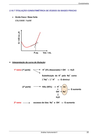 Condutimetria
Análise Instrumental II 22
2.10.7 TITULAÇÃO CONDUTIMÉTRICA DE ÁCIDOS OU BASES FRACAS
• Ácido fraco / Base forte
CH3COOH / NaOH
P.eq Vol. / mL
• Interpretação da curva de titulação:
1º ramo (1ª parte) H+
(5% dissociado) + OH-
→ H2O
Substituição do H+
pelo Na+
como
λ°Na+
< λ° H+
⇒ G diminui
(2ª parte) HAc (95%) → H+
+ Ac-
+ ⇒ G aumenta
OH-
+ Na+
↓
H2O
2º ramo excesso de iões Na+
e OH-
⇒ G aumenta
G/mSouµS
 