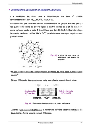Potenciometria
Análise Instrumental II 35
COMPOSIÇÃO E ESTRUTURA DA MEMBRANA DE VIDRO
• A membrana de vidro para a determinação dos iões H+
contém
aproximadamente: 22% Na2O, 6% CaO e 72% SiO2.
• É constituída por uma rede infinita tri-dimensional de grupos silicatos (SiO4
4-
)
nos quais cada átomo de Si está ligado a quatro átomos de O (3 no plano e 1
acima ou baixo deste) e cada O é partilhado por dois Si- fig.3.5 - Nos interstícios
da estrutura existem catiões (Na+
e Ca2+
) para balancear as cargas negativas dos
grupos silicato.
• O que acontece quando se introduz um eléctrodo de vidro seco numa solução
aquosa?
Dá-se a hidratação da membrana de vidro que adquire a seguinte estrutura:
Durante o processo de hidratação, a membrana de vidro adsorve moléculas de
água, incha e forma-se uma camada hidratada.
Fig. 3.5 - Vista de um corte da
estrutura de vidro de
silicato
Sol. de referência
(H+
) = 0,1 M
Sol. de analito
(H+
) variável
Fig. 3.6 - Estrutura da membrana de vidro hidratada
 