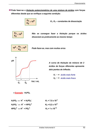 Potenciometria
Análise Instrumental II 52
Pode fazer-se a titulação potenciométrica de uma mistura de ácidos com forças
diferentes desde que se verifique a seguinte condição:
K1, K2 – constantes de dissociação
Pode fazer-se, mas com muitos erros
V1 V2
• Exemplo: H3PO4
H3PO4 ↔ H+
+ H2PO4
-
K1 = 7,5 x 10-3
H2PO4
-
↔ H+
+ HPO4
2-
K2 = 6,2 x 10-8
HPO4
2-
↔ H+
+ PO4
3-
K3 = 1 x 10-12
510
2K
1K
≥
210
2K
1K
≤ Não se consegue fazer a titulação porque os ácidos
dissociam-se praticamente ao mesmo tempo
510
2K
1K210 ≤≤
A curva de titulação da mistura de 2
ácidos de forças diferentes apresenta
dois pontos de inflexão.
V1 ácido mais forte
V2 ácido mais fraco
pH
Vol. / mL
 