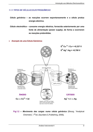 Introdução aos Métodos Electroanalíticos
Análise Instrumental II 2
1.1.1 TIPOS DE CÉLULAS ELECTROQUÍMICAS
Célula galvânica – as reacções ocorrem espontaneamente e a célula produz
energia eléctrica.
Célula electrolítica – consome energia eléctrica, fornecida exteriormente por uma
fonte de alimentação (power supply), de forma a ocorrerem
as reacções pretendidas.
• Exemplo de uma Célula Galvânica
Fig.1.2 – Movimento das cargas numa célula galvânica (Skoog; “Analytical
Chemistry”, 7th
ed.,Saunders C.Publishing, 2000).
ÂNODO CÁTODO
E
0
Cu 2+
/ Cu = +0,337 V
E
0
Ag+
/ Ag = +0,799 V
Ag+
+ e-
↔ AgCu ↔ Cu2+
+ 2e-
 