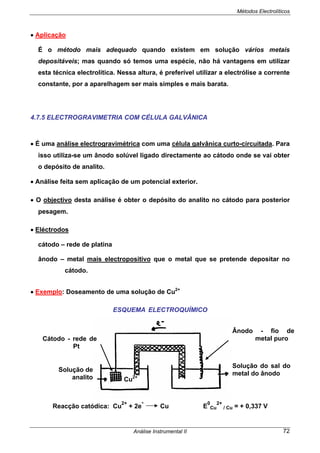 Métodos Electrolíticos
Análise Instrumental II 72
• Aplicação
É o método mais adequado quando existem em solução vários metais
depositáveis; mas quando só temos uma espécie, não há vantagens em utilizar
esta técnica electrolítica. Nessa altura, é preferível utilizar a electrólise a corrente
constante, por a aparelhagem ser mais simples e mais barata.
4.7.5 ELECTROGRAVIMETRIA COM CÉLULA GALVÂNICA
• É uma análise electrogravimétrica com uma célula galvânica curto-circuitada. Para
isso utiliza-se um ânodo solúvel ligado directamente ao cátodo onde se vai obter
o depósito de analito.
• Análise feita sem aplicação de um potencial exterior.
• O objectivo desta análise é obter o depósito do analito no cátodo para posterior
pesagem.
• Eléctrodos
cátodo – rede de platina
ânodo – metal mais electropositivo que o metal que se pretende depositar no
cátodo.
• Exemplo: Doseamento de uma solução de Cu2+
ESQUEMA ELECTROQUÍMICO
Reacção catódica: Cu
2+
+ 2e
-
Cu E
0
Cu
2+
/ Cu = + 0,337 V
Cátodo - rede de
Pt
Solução de
analito
Solução do sal do
metal do ânodo
Ânodo - fio de
metal puro
Cu2+
 