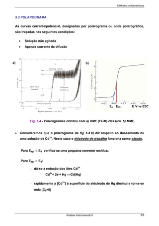 Métodos voltamétricos
Análise Instrumental II 93
5.3 POLAROGRAMA
As curvas corrente/potencial, designadas por polarograma ou onda polarográfica,
são traçadas nas seguintes condições:
• Solução não agitada
• Apenas corrente de difusão
• Consideremos que o polarograma da fig. 5.4 b) diz respeito ao doseamento de
uma solução de Cd2+
. Neste caso o eléctrodo de trabalho funciona como cátodo.
Para Eapl < Ed verifica-se uma pequena corrente residual.
Para Eapl > Ed:
- dá-se a redução dos iões Cd2+
Cd2+
+ 2e-
+ Hg ↔Cd(Hg)
- rapidamente a [Cd2+
] à superfície do eléctrodo de Hg diminui e torna-se
nula (C0=0)
Fig. 5.4 - Polarogramas obtidos com a) DME (EGM) clássico b) MME.
a)
Ed E1/2 E /V vs ESC
b)
 