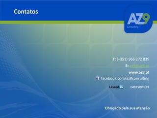 Contatos

T: (+351) 966 272 039
E: az9@az9.pt
www.az9.pt
facebook.com/az9consulting
caresendes

Obrigado pela sua atenção

 