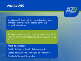 Análise ABC

A análise ABC é um método para classificar itens,
eventos ou atividades de acordo com a sua
importância relativa;

Serve para selecionar, filtrar, focar a nossa atenção e
controlo num número reduzido de fatores, causas ou
itens;
Áreas de aplicação:
Gestão de Stocks; Gestão da Manutenção
Gestão da Qualidade; Resolução de Problemas
Gestão do Tempo/Prioridades

 