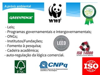 A práxis ambiental
- Leis;
- Programas governamentais e intergovernamentais;
- ONGs;
- Institutos/Fundações;
- Fomento à pesquisa;
- Cadeira acadêmica;
- auto-regulação da lógica comercial.
 