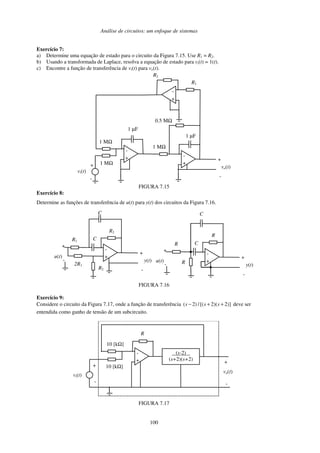 Análise de circuitos: um enfoque de sistemas
100
Exercício 7:
a) Determine uma equação de estado para o circuito da Figura 7.15. Use R1 = R2.
b) Usando a transformada de Laplace, resolva a equação de estado para vi(t) = 1(t).
c) Encontre a função de transferência de vi(t) para vo(t).
vo(t)
vi(t)
+
-
-
+
1 µF
1 MΩ
-
+
1 µF
1 MΩ
-
+
R2
R1
0.5 MΩ
1 MΩ
+
-
FIGURA 7.15
Exercício 8:
Determine as funções de transferência de u(t) para y(t) dos circuitos da Figura 7.16.
y(t)
u(t)
-
+
C
+
-
C
R2
R1
2R1
R2
-
+
y(t)
u(t)
-
+
C
+
-
C
R
R
R-
+
FIGURA 7.16
Exercício 9:
Considere o circuito da Figura 7.17, onde a função de transferência ( 2) /[( 2)( 2)]s s s− + + deve ser
entendida como ganho de tensão de um subcircuito.
-
+
R
vo(t)
vi(t)
10 [kΩ]
+
-
10 [kΩ]
(s-2)
(s+2)(s+2)
+
-
FIGURA 7.17
 