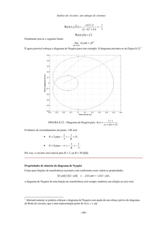 Análise de circuitos: um enfoque de sistemas
- 109 -
2
4.5 2 1
[ ( 5)]
3(2 5) 9.5
e A j
− +
ℜ ± = = −
− +
[ ( 0)] 1 2e A jℜ =
Finalmente tem-se o seguinte limite:
lim ( ) 0A j j
ω
ω ±
→±∞
=
É agora possível esboçar o diagrama de Nyquist para este exemplo. O diagrama encontra-se na Figura 8.12.1
FIGURA 8.12 – Diagrama de Nyquist para
1
( )
( 1)( 2)
s
A s
s s
−
=
+ +
.
O número de circundamentos do ponto -1/K será
• N = 2 para 0
1
3
1
<−<−
K
;
• N = 0 para
3
11
−<−<∞−
K
.
Por isso, o circuito será estável para K < 3, ou R < 30 [kΩ].
Propriedades de simetria do diagrama de Nyquist
Como para funções de transferência racionais com coeficientes reais valem as propriedades
( ) = ( ) e ( ) ( )G j G j G j G jω ω ω ω− ∠ = −∠ − ,
o diagrama de Nyquist de uma função de transferência será sempre simétrico em relação ao eixo real.
1
Alternativamente se poderia esboçar o diagrama de Nyquist com ajuda de um esboço prévio do diagrama
de Bode do circuito, que é uma representação polar de A(s), s = jω.
 