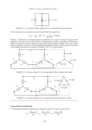 Análise de circuitos: um enfoque de sistemas
- 120 -
YL = 1/ZLYcomp
+
-
Ea
FIGURA 9.11 – Uma fase do circuito da figura 9.9 com compensação de fator de potência.
Isso é conseguido com um capacitor cujo valor é determinado da seguinte forma
F][366
60240
1
40
1
µ
π
ω ,
...
CCjjYcomp ==⇒==
Portanto, a compensação é conseguida ligando-se em paralelo com a carga em estrela um conjunto de três
capacitores em estrela com 66,3 [µF] cada um. Alternativamente, usando a equivalência estrela-delta da
Figura 9.8, podem-se usar três capacitores de 66,3/3 [µF] cada um ligados em delta. Nesse caso, a tensão
sobre os capacitores será maior; o valor da capacitância requerida será menor. Os diagramas de circuito para
as duas ligações equivalentes encontram-se nas Figuras 9.12 e 9.13, respectivamente.
Ia
+
-
Ea
+
-
Ec
+
-
Eb
ZL
ZL
ZL
Ib
Ic
n
a
b
c
66,3 [µF]
66,3 [µF]
66,3 [µF]
FIGURA 9.12 – Circuito da Figura 9.9 com compensação de fator de potência em estrela.
Ia
+
- Ea
+
-
Ec
+
-
Eb
ZL
ZL
ZL
Ib
Ic
n
a
b
c
22,1 [µF]22,1 [µF]
22,1 [µF]
FIGURA 9.13 – Circuito da Figura 9.9 com compensação de fator de potência em delta.
Cargas trifásicas desbalanceadas
Uma carga trifásica genérica na ligação delta é mostrada na Figura 9.14. Para essa carga, tem-se:
bc
o
m
bc
ca
o
m
ca
ab
o
m
ab
Z
V
I,
Z
V
I,
Z
V
I
27031503303 ∠
=
∠
=
∠
=
 