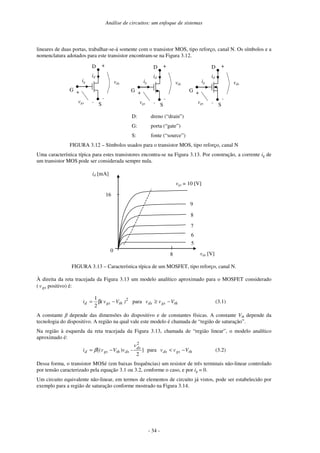 Análise de circuitos: um enfoque de sistemas
- 34 -
lineares de duas portas, trabalhar-se-á somente com o transistor MOS, tipo reforço, canal N. Os símbolos e a
nomenclatura adotados para este transistor encontram-se na Figura 3.12.
D
G
S
id
ig
+
+
-
-
vds
vgs
D
G
S
id
ig
+
+
-
-
vds
vgs
D
G
S
id
ig
+
+
-
-
vds
vgs
D: dreno (“drain”)
G: porta (“gate”)
S: fonte (“source”)
FIGURA 3.12 – Símbolos usados para o transistor MOS, tipo reforço, canal N
Uma característica típica para estes transistores encontra-se na Figura 3.13. Por construção, a corrente ig de
um transistor MOS pode ser considerada sempre nula.
0
8
16
id [mA]
vds [V]
vgs = 10 [V]
9
8
7
5
6
_
|
FIGURA 3.13 – Característica típica de um MOSFET, tipo reforço, canal N.
À direita da reta tracejada da Figura 3.13 um modelo analítico aproximado para o MOSFET considerado
( gsv positivo) é:
thgsdsthgsd Vvv)Vv(i −≥−β= para
2
1 2
(3.1)
A constante β depende das dimensões do dispositivo e de constantes físicas. A constante Vth depende da
tecnologia do dispositivo. A região na qual vale este modelo é chamada de “região de saturação”.
Na região à esquerda da reta tracejada da Figura 3.13, chamada de “região linear”, o modelo analítico
aproximado é:
thgsds
ds
dsthgsd Vvv
v
vVvi −<−= para]
2
-)([
2
β (3.2)
Dessa forma, o transistor MOSé (em baixas frequências) um resistor de três terminais não-linear controlado
por tensão caracterizado pela equação 3.1 ou 3.2, conforme o caso, e por ig = 0.
Um circuito equivalente não-linear, em termos de elementos de circuito já vistos, pode ser estabelecido por
exemplo para a região de saturação conforme mostrado na Figura 3.14.
 