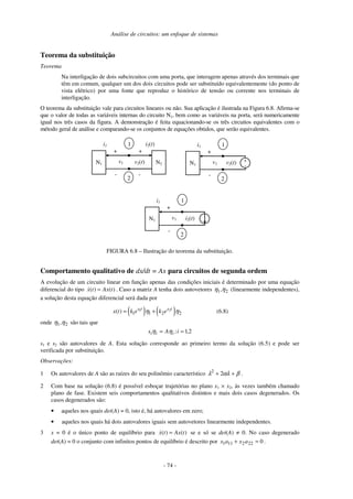 Análise de circuitos: um enfoque de sistemas
- 74 -
Teorema da substituição
Teorema
Na interligação de dois subcircuitos com uma porta, que interagem apenas através dos terminais que
têm em comum, qualquer um dos dois circuitos pode ser substituído equivalentemente (do ponto de
vista elétrico) por uma fonte que reproduz o histórico de tensão ou corrente nos terminais de
interligação.
O teorema da substituição vale para circuitos lineares ou não. Sua aplicação é ilustrada na Figura 6.8. Afirma-se
que o valor de todas as variáveis internas do circuito N1, bem como as variáveis na porta, será numericamente
igual nos três casos da figura. A demonstração é feita equacionando-se os três circuitos equivalentes com o
método geral de análise e comparando-se os conjuntos de equações obtidos, que serão equivalentes.
N1
i1
+
-
v1 N2
i2(t)
+
-
1
2
N1
i1
+
-
v1 v2(t)
1
2
+
-
v2(t)
N1
i1
+
-
v1 i2(t)
1
2
FIGURA 6.8 – Ilustração do teorema da substituição.
Comportamento qualitativo de dx/dt = Ax para circuitos de segunda ordem
A evolução de um circuito linear em função apenas das condições iniciais é determinado por uma equação
diferencial do tipo ( ) ( )x t Ax t= . Caso a matriz A tenha dois autovetores 21 ηη , (linearmente independentes),
a solução desta equação diferencial será dada por
( ) ( )1 2
1 1 2 2( ) s t s t
x t k e k eη η= + (6.8)
onde 21 ηη , são tais que
21,i;As iii == ηη
s1 e s2 são autovalores de A. Esta solução corresponde ao primeiro termo da solução (6.5) e pode ser
verificada por substituição.
Observações:
1 Os autovalores de A são as raízes do seu polinômio característico βαλλ ++ 22
.
2 Com base na solução (6.8) é possível esboçar trajetórias no plano x1 × x2, às vezes também chamado
plano de fase. Existem seis comportamentos qualitativos distintos e mais dois casos degenerados. Os
casos degenerados são:
• aqueles nos quais det(A) = 0, isto é, há autovalores em zero;
• aqueles nos quais há dois autovalores iguais sem autovetores linearmente independentes.
3 x = 0 é o único ponto de equilíbrio para ( ) ( )x t Ax t= se e só se det(A) ≠ 0. No caso degenerado
det(A) = 0 o conjunto com infinitos pontos de equilíbrio é descrito por 0222111 =+ axax .
 