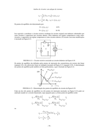 Análise de circuitos: um enfoque de sistemas
- 79 -
{ } 1
2
1 ˆ( ) ( , )
1
( ) ( , )
C c L C L
L L C C L
v i v i f v i
C
i E Ri v f v i
L
= − + =
= − − =
Os pontos de equilíbrio são determinados por:
10 ( , )C Lf v i= (6.9)
20 ( , )C Lf v i= (6.10)
Isso equivale a considerar o circuito resistivo resultante do circuito original com indutores substituídos por
curto circuitos e capacitores por circuitos abertos. (Pois indutores em regime comportam-se como curto-
circuitos, e capacitores em regime comportam-se como circuitos abertos.) O circuito com estas modificações
é mostrado na Figura 6.11.
R
E
+
-
v = vC
iDL
C
iC
iL
FIGURA 6.11 – Circuito resistivo associado ao circuito dinâmico da Figura 6.10.
Os pontos de equilíbrio são definidos pelos pontos de interseção das características do resistor não linear
(equação 6.9) e do subcircuito linear no retângulo tracejado da Figura 6.11 (equação 6.10). A determinação
dos pontos de equilíbrio pode também ser feita graficamente, o que é ilustrado na Figura 6.12.
0 v = vC
iD
E
E/R ˆ( )Di i v=
(VCQ1,ILQ1)
(VCQ2,ILQ2)
(VCQ3,ILQ3)
FIGURA 6.12 – Determinação dos pontos de equilíbrio do circuito da Figura 6.10.
Cada um dos três pontos de equilíbrio (os três pontos de interseção mostrados na Figura 6.12) pode ser
analisado usando-se o circuito linearizado, cujas equações para o j-ésimo ponto de equilíbrio serão:
1 1
( , )( , )
2 2
( , )( , )
( , ) ( , )
( , ) ( , )
CQj LQjCQj LQj
CQj LQjCQj LQj
C L C L
C C L
C L V IV I
C L C L
L C L
C L V IV I
df v i df v i
v v i
dv di
df v i df v i
i v i
dv di
= +
= +
ou
( , )
ˆ( ) | 1
1
CQj CQjC V I
C C L
L C L
i v
v v i
C C
R
i v i
L L
′−
= +
= − −
 