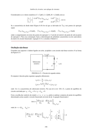 Análise de circuitos: um enfoque de sistemas
- 80 -
Considerando-se os valores numéricos C = 2 [pF], L = 2[nH], R = 1,2 [kΩ], tem-se:
11 11
( , )
8 11
ˆ5.10 . ( ) | 5.10
5.10 6.10
CQj CQjC V IC C
LL
i vv v
ii
 ′  −     =      − −   
. (6.11)
Se a característica do diodo túnel (Figura 6.10) for tal que as derivadas de ˆ( )Ci v nos pontos de operação
sejam
1 1( , )
ˆ( ) | 8 [mS]CQ CQC V Ii v′ = , [mS]4|)(ˆ ),( 22
−=′
CQCQ IVCvi , [mS]3|)(ˆ ),( 33
=′
CQCQ IVCvi
então o comportamento em torno dos pontos de operação 1 e 3 será de nó estável e de ponto de sela no ponto
de operação 2. Para essa constatação, basta a determinação do polinômio característico ou dos autovalores
da matriz do circuito linearizado (equação 6.11) e consulta à Tabela 6.1.
Oscilação não-linear
Considere um capacitor e indutor ligados em série, acoplados a um circuito não-linear resistivo N na forma
da Figura 6.13.
Subcircuito
resistivo
+
-
v
L
i = iL(t)
C
+
-
vC(t)
FIGURA 6.13 – Circuito de segunda ordem.
O conjunto é descrito pelas seguintes equações diferenciais:
1
2
( ) ( , )
ˆ( ) ( )
( ) ( , )
L
C C L
C L
L C L
i
v t f v i
C
v t v i
i t f v i
L
= − =
−
= =
onde ˆ( )v i é a característica do subcircuito resistivo. No caso de se ter ˆ(0) 0v = , o ponto de equilíbrio do
circuito será dado por 0== QCC Vv e 0== QLL Ii .
Com a escolha das variáveis de estado x1 = vC e x2 = iL, pode-se analisar a natureza do ponto de equilíbrio
determinado acima usando o circuito linearizado em torno de Q. A equação linearizada é:
( , )
( , ) ( , )
( )
C LQQ
C L C L
C L V I
df v i df v i
x t x
dv di
 
∆ = ∆ 
 
onde ][ QQ LC IVxx −=∆ e
A
i
v
LL
C
di
ivdf
dv
ivdf
QL
QLQC
IL
IVL
LC
C
LC
=
























−
−
=





δ
δˆ11
1
0
),(),(
),(
 