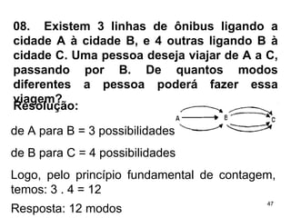 08.  Existem 3 linhas de ônibus ligando a cidade A à cidade B, e 4 outras ligando B à cidade C. Uma pessoa deseja viajar de A a C, passando por B. De quantos modos diferentes a pessoa poderá fazer essa viagem? Resolução: de A para B = 3 possibilidades de B para C = 4 possibilidades Logo, pelo princípio fundamental de contagem, temos: 3 . 4 = 12 Resposta: 12 modos   