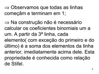    Observamos que todas as linhas começãm e terminam em 1;    Na construção não é necessário calcular os coeficientes binomiais um a um. A partir da 3ª linha, cada elemento( com exceção do primeiro e do último) é a soma dos elementos da linha anterior, imediatamente acima dele. Esta propriedade é conhecida como relação de Stifel. 