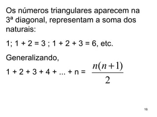 Os números triangulares aparecem na 3ª diagonal, representam a soma dos naturais: 1; 1 + 2 = 3 ; 1 + 2 + 3 = 6, etc. Generalizando, 1 + 2 + 3 + 4 + ... + n =  
