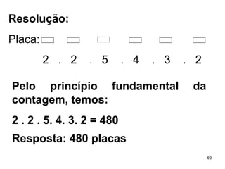Pelo princípio fundamental da contagem, temos: 2 . 2 . 5. 4. 3. 2 = 480   Resposta: 480 placas   Resolução:   Placa:  2  .  2  .  5  .  4  .  3  .  2 
