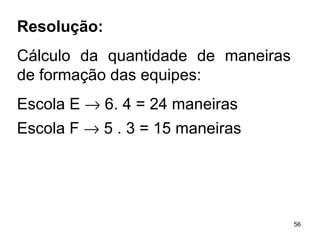 Resolução: Cálculo da quantidade de maneiras de formação das equipes: Escola E    6. 4 = 24 maneiras Escola F    5 . 3 = 15 maneiras   