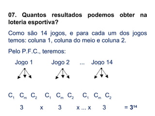 07. Quantos resultados podemos obter na
loteria esportiva?
Como são 14 jogos, e para cada um dos jogos
temos: coluna 1, coluna do meio e coluna 2.
Pelo P.F.C., teremos:
Jogo 1 Jogo 2 ... Jogo 14
C1
Cm
C2
C1
Cm
C2
C1
Cm
C2
3 x 3 x ... x 3 = 314
 