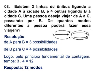 08. Existem 3 linhas de ônibus ligando a
cidade A à cidade B, e 4 outras ligando B à
cidade C. Uma pessoa deseja viajar de A a C,
passando por B. De quantos modos
diferentes a pessoa poderá fazer essa
viagem?
Resolução:
de A para B = 3 possibilidades
de B para C = 4 possibilidades
Logo, pelo princípio fundamental de contagem,
temos: 3 . 4 = 12
Resposta: 12 modos
 