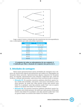 Logo a seguir temos a relação das oito sequências em correspondência 
ANÁLISE COMBINATÓRIA E PROBABILIDADE 11 
com o subconjunto que cada uma delas representa. 
Sequência Subconjunto 
S S S { 1, 2, 3 } 
S S N { 1, 2 } 
S N S { 1, 3 } 
S N N { 1 } 
N S S { 2, 3 } 
N S N { 2 } 
N N S { 3 } 
N N N ∅ 
O conjunto de todos os subconjuntos de um conjunto A 
é indicado por P(A) e chamado de conjunto das partes de A. 
3. Atividades de contagem 
Nesta seção apresentaremos várias atividades de contagem com o ob-jetivo 
de mostrarmos alguns procedimentos que podem ser empregados em 
situações desta natureza. Apresentaremos alguns conjuntos de situações 
para, em seguida, apresentarmos suas soluções. Sugerimos que, antes de 
verificar a solução apresentada, cada aluno tente encontrá-la por si mesmo. 
• Situação 01: De quantas maneiras podemos distribuir quatro bo-las, 
sendo uma vermelha, uma preta, uma azul e uma branca, entre 
duas pessoas, de modo que cada pessoa receba pelo menos uma 
bola? E se qualquer uma das pessoas puder ficar com as quatro 
bolas? E se forem seis bolas? E se forem n bolas? 
• Situação 02: De quantas maneiras podemos distribuir quatro bo-las 
iguais entre duas pessoas, de modo que cada pessoa receba pelo 
menos uma bola? E se qualquer uma das pessoas puder ficar com 
as quatro bolas? E se forem sete bolas? E se forem n bolas? 
 
