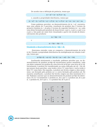 De acordo com a definição de potência, temos que 
56 ANÁLISE COMBINATÓRIA E PROBABILIDADE 
(x + a)2 = (x + a) X (x + a), 
e, usando a propriedade distributiva, temos que 
(x + a)2 = (x + a) X (x + a) = x X (x + a) + a X (x + a) = xx + xa + ax + aa. 
Como podemos perceber, no desenvolvimento de (x + a)2, encontra-mos 
uma adição de 4 parcelas, resultante do produto dos 2 termos do 
primeiro binômio (x + a) pelos 2 termos do segundo binômio (x + a), cada 
uma delas formada pelo produto de duas letras: x por x, x por a, a por x ou 
a por a. Isto pode ser mais bem visualizado a partir do estudo do desen-volvimento 
dos produtos 
(a + b)(c + d) 
e 
(a + b)(c + d)(e + f). 
Estudando o desenvolvimento de (a + b)(c + d). 
Queremos entender como se comporta o desenvolvimento de (a+b) 
(c+d). Usando a propriedade distributiva da multiplicação em relação à adi-ção, 
temos que: 
(a+b)(c+d) = a(c+d) + b(c+d) = (ac + ad) + (bc + bd). 
Analisando atentamente o resultado, podemos perceber que, no de-senvolvimento 
do produto (a+b)(c+d) encontramos quatro monômios, cada 
um deles composto do produto de uma letra de (a+b) por uma letra de (c+d). 
Inicialmente o produto foi transformado na soma indicada a(c+d) + b(c+d), 
que possui duas parcelas: uma tendo a letra “a” como fator e outra tendo a 
letra “b” como fator. Em seguida, o produto a(c+d) deu origem a dois monô-mios: 
um formado pelo produto ac e o outro formado pelo produto ad. De 
maneira semelhante, o produto b(c+d) deu origem aos dois monômios bc e 
bd. Podemos concluir que no desenvolvimento do produto (a+b)(c+d) obtive-mos 
2 X 2 (= 4) monômios: o produto ac, de a por c; o produto ad, de a por 
d; o produto bc, de b por c; e o produto bd, de b por d. 
 