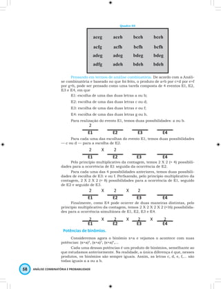 58 ANÁLISE COMBINATÓRIA E PROBABILIDADE 
Quadro 03 
aceg aceh bceh bceh 
acfg acfh bcfh bcfh 
adeg adeg bdeg bdeg 
adfg adeh bdeh bdeh 
Pensando em termos de análise combinatória. De acordo com a Análi-se 
combinatória e baseado no que foi feito, o produto de a+b por c+d por e+f 
por g+h, pode ser pensado como uma tarefa composta de 4 eventos E1, E2, 
E3 e E4, em que 
E1: escolha de uma das duas letras a ou b; 
E2: escolha de uma das duas letras c ou d; 
E3: escolha de uma das duas letras e ou f; 
E4: escolha de uma das duas letras g ou h. 
Para realização do evento E1, temos duas possibilidades: a ou b. 
2 
E1 E2 E3 E4 
Para cada uma das escolhas do evento E1, temos duas possibilidades 
— c ou d — para a escolha de E2. 
2 X 2 
E1 E2 E3 E4 
Pelo princípio multiplicativo da contagem, temos 2 X 2 (= 4) possibili-dades 
para a ocorrência de E1 seguida da ocorrência de E2. 
Para cada uma das 4 possibilidades anteriores, temos duas possibili-dades 
de escolha de E3: e ou f. Perfazendo, pelo princípio multiplicativo da 
contagem, 2 X 2 X 2 (= 8) possibilidades para a ocorrência de E1, seguido 
de E2 e seguido de E3. 
2 X 2 X 2 
E1 E2 E3 E4 
Finalmente, como E4 pode ocorrer de duas maneiras distintas, pelo 
princípio multiplicativo da contagem, temos 2 X 2 X 2 X 2 (=16) possibilida-des 
para a ocorrência simultânea de E1, E2, E3 e E4. 
2 X 2 X 2 X 2 
E1 E2 E3 E4 
Potências de binômios. 
Consideremos agora o binômio x+a e vejamos o acontece com suas 
potências: (x+a)2, (x+a)3, (x+a)4,… 
Cada uma dessas potências é um produto de binômios, semelhante ao 
que estudamos anteriormente. Na realidade, a única diferença é que, nesses 
produtos, os binômios são sempre iguais. Assim, as letras c, d, e, f,… são 
todas iguais a a ou a b. 
 