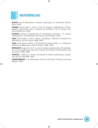 DANTE, Luiz R. Matemática: contexto e aplicações, v.2. São Paulo: Editora 
Ática, 2004. 
DASSIE, Bruno Alves e outros. Curso de Análise Combinatória e Proba-bilidade: 
aprendendo com a resolução de problemas. Rio de Janeiro: Ed. 
Ciência Moderna, 2009. 
HAZZAN, Samuel. Fundamentos de matemática elementar, v.5: Análise 
combinatória e Probabilidade. São Paulo: Atual Editora, 2004. 
LIMA, Elon Lages e outros. Temas e problemas. Coleção do Professor de 
Matemática. Rio de Janeiro: SBM, 2003. 
LIMA, Elon Lages e outros. A matemática do ensino médio, v.2. Coleção do 
Professor de Matemática. Rio de Janeiro: SBM, 1998. 
MORGADO, Augusto C. de O. e outros. Análise Combinatória e Probabilida-de: 
com as soluções dos exercícios. Coleção do Professor de Matemática. Rio 
de Janeiro: SBM, 2006. 
SANTOS, J. Plínio O. e outros. Introdução à análise combinatória. Campi-nas: 
ANÁLISE COMBINATÓRIA E PROBABILIDADE 65 
Ed. da UNICAMP, 2002. 
SCHEINERMAN, E. R. Matemática discreta. São Paulo: Thomson Learning 
Edições, 2006. 
 