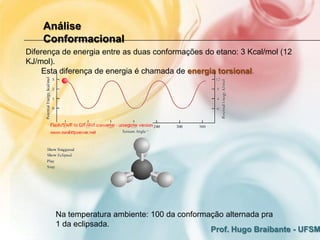 Análise
    Conformacional
Diferença de energia entre as duas conformações do etano: 3 Kcal/mol (12
KJ/mol).
    Esta diferença de energia é chamada de energia torsional.




        Na temperatura ambiente: 100 da conformação alternada pra
        1 da eclipsada.
                                                Prof. Hugo Braibante - UFSM
 