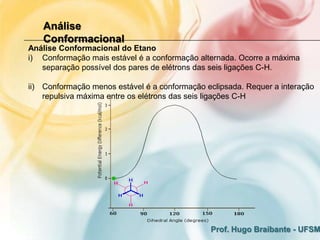 Análise
   Conformacional
Análise Conformacional do Etano
i) Conformação mais estável é a conformação alternada. Ocorre a máxima
   separação possível dos pares de elétrons das seis ligações C-H.

ii) Conformação menos estável é a conformação eclipsada. Requer a interação
    repulsiva máxima entre os elétrons das seis ligações C-H




                                               Prof. Hugo Braibante - UFSM
 