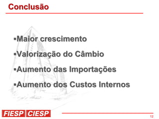 Conclusão



 Maior crescimento

 Valorização do Câmbio

 Aumento das Importações

 Aumento dos Custos Internos



                                12
 