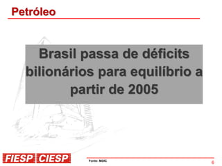 Petróleo


    Brasil passa de déficits
  bilionários para equilíbrio a
         partir de 2005




            Fonte: MDIC
                                  6
 