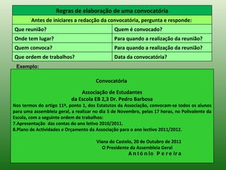 Regras de elaboração de uma convocatória
        Antes de iniciares a redacção da convocatória, pergunta e responde:
Que reunião?                                   Quem é convocado?
Onde tem lugar?                                Para quando a realização da reunião?
Quem convoca?                                  Para quando a realização da reunião?
Que ordem de trabalhos?                        Data da convocatória?
 Exemplo:

                                      Convocatória

                               Associação de Estudantes
                           da Escola EB 2,3 Dr. Pedro Barbosa
Nos termos do artigo 11º, ponto 1, dos Estatutos da Associação, convocam-se todos os alunos
para uma assembleia geral, a realizar no dia 5 de Novembro, pelas 17 horas, no Polivalente da
Escola, com a seguinte ordem de trabalhos:
7.Apresentação das contas do ano letivo 2010/2011.
8.Plano de Actividades e Orçamento da Associação para o ano lectivo 2011/2012.

                                       Viana do Castelo, 20 de Outubro de 2011
                                          O Presidente da Assembleia Geral
                                                      A n t ó n io P e r e ir a
 
