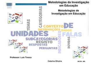 Metodologias da Investigação
                                em Educação
                                  Metodologias de
                             Investigação em Educação




Professor: Luís Tinoca
                         Catarina Oliveira     MCEM - MIE
 