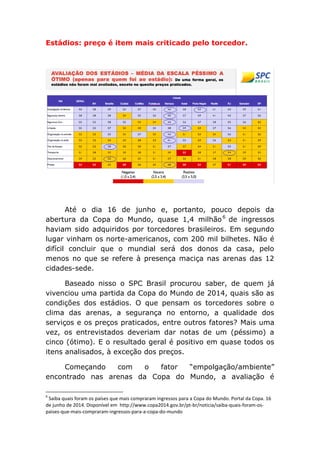 Estádios: preço é item mais criticado pelo torcedor.
Até o dia 16 de junho e, portanto, pouco depois da
abertura da Copa do Mundo, quase 1,4 milhão6
de ingressos
haviam sido adquiridos por torcedores brasileiros. Em segundo
lugar vinham os norte-americanos, com 200 mil bilhetes. Não é
difícil concluir que o mundial será dos donos da casa, pelo
menos no que se refere à presença maciça nas arenas das 12
cidades-sede.
Baseado nisso o SPC Brasil procurou saber, de quem já
vivenciou uma partida da Copa do Mundo de 2014, quais são as
condições dos estádios. O que pensam os torcedores sobre o
clima das arenas, a segurança no entorno, a qualidade dos
serviços e os preços praticados, entre outros fatores? Mais uma
vez, os entrevistados deveriam dar notas de um (péssimo) a
cinco (ótimo). E o resultado geral é positivo em quase todos os
itens analisados, à exceção dos preços.
Começando com o fator “empolgação/ambiente”
encontrado nas arenas da Copa do Mundo, a avaliação é
6
Saiba quais foram os países que mais compraram ingressos para a Copa do Mundo. Portal da Copa. 16
de junho de 2014. Disponível em http://www.copa2014.gov.br/pt-br/noticia/saiba-quais-foram-os-
paises-que-mais-compraram-ingressos-para-a-copa-do-mundo
 