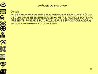 ANÁLISE DO DISCURSO Ou seja AO SE APROPRIAR DE UMA LINGUAGEM O EMISSOR CONSTRÓI UM DISCURSO MAS ESSE EMISSOR DEIXA PISTAS, PEGADAS DO TEMPO (PRESENTE, PASSAD E FUTURO), LUGAR E ESPAÇO(AQUI, AGORA) EM QUE A NARRATIVA FOI CONCEBIDA.  .  