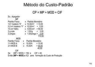 Método do Custo-Padrão
                               CP = MP + MOD + CIF
Ex.: Apagador
         MP
Padrão Físico        x    Padrão Monetário
1m3 madeira “X”      x   10,00/m3 = 10,00
0,5 m3 madeira “Y”   x   10,00/m3 = 5,00
10 cm2 feltro        x   9,00/cm2 = 90,00
3 g cola             x    1,00/g    = 3,00
2 pregos             x   1,00/prego = 2,00
                                     110,00
         MOD
Padrão Físico    x Padrão Monetário
1 h MOD A        x 10,00/h   = 10,00
2 h MOD B        x 15,00/h   = 30,00
                              40,00
        CIF
Se (MP + MOD) = 150 e      CIF = 45
Então (MP + MOD) x 1,3 para formação do Custo de Produção


                                                            102
 