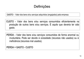 Definições

GASTO - Valor dos bens e/ou serviços adquiridos (engajados) pela empresa.


CUSTO - Valor dos bens e/ou serviços consumidos eficientemente na
  produção de outros bens e/ou serviços. É aquilo que deveria ter sido
  gasto.

PERDA - Valor dos bens e/ou serviços consumidos de forma anormal ou
  involuntária. Pode ser devido à ociosidade (recursos não usados) ou à
  ineficiência (recursos mal usados).

PERDA = GASTO - CUSTO


                                                                            14
 