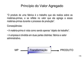Princípio do Valor Agregado

“O produto de uma fábrica é o trabalho que ela realiza sobre as
matérias-primas, e se reflete no valor que ela agrega a essas
matérias-primas durante o processo de produção”.
Conseqüências:
• A matéria-prima é vista como sendo apenas “objeto de trabalho”.
• A empresa é dividida em duas partes distintas: fábrica e setor
administrativo.



        MP              Transformação                    PRODUTO

                                                                    176
 