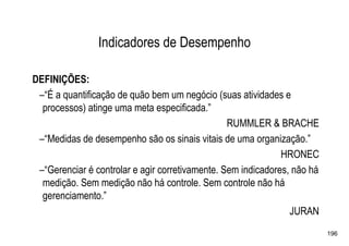 Indicadores de Desempenho

DEFINIÇÕES:
 –“É a quantificação de quão bem um negócio (suas atividades e
  processos) atinge uma meta especificada.”
                                                 RUMMLER & BRACHE
 –“Medidas de desempenho são os sinais vitais de uma organização.”
                                                              HRONEC
 –“Gerenciar é controlar e agir corretivamente. Sem indicadores, não há
  medição. Sem medição não há controle. Sem controle não há
  gerenciamento.”
                                                                JURAN
                                                                          196
 