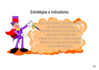 Estratégias e Indicadores

     OS SISTEMAS DE MEDIÇÃO
         DE DESEMPENHO
     CONSTITUEM OS ELOS DE
        LIGAÇÃO ENTRE OS
     OBJETIVOS E A EXECUÇÃO
     PRÁTICA DAS ATIVIDADES
          NAS EMPRESAS.




                              200
 