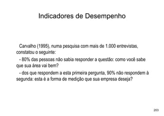 Indicadores de Desempenho



 Carvalho (1995), numa pesquisa com mais de 1.000 entrevistas,
constatou o seguinte:
 - 80% das pessoas não sabia responder a questão: como você sabe
que sua área vai bem?
 - dos que respondem a esta primeira pergunta, 90% não respondem à
segunda: esta é a forma de medição que sua empresa deseja?




                                                                     203
 