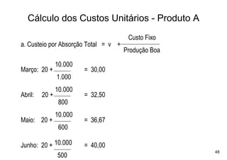 Cálculo dos Custos Unitários - Produto A
                                       Custo Fixo
a. Custeio por Absorção Total = v +
                                      Produção Boa

                10.000
Março: 20 +              = 30,00
                1.000
                10.000
Abril:   20 +            = 32,50
                 800
                10.000
Maio: 20 +               = 36,67
                 600

Junho: 20 + 10.000       = 40,00
                                                     48
             500
 